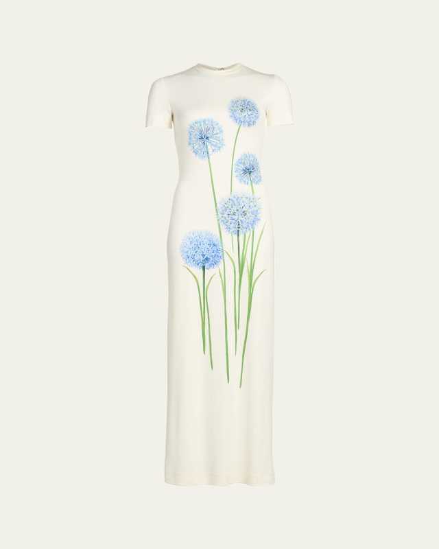Short-Sleeve Allium Print Jersey Maxi Dress